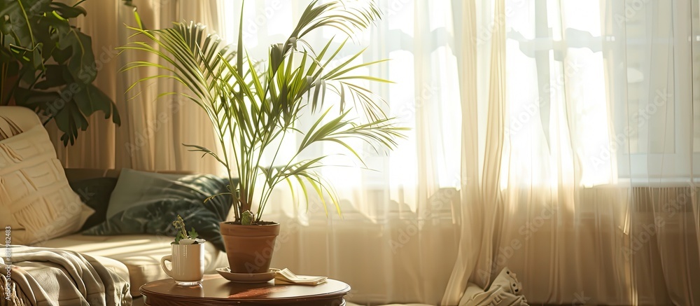 Poster room with a table adorned with a houseplant a sofa and a light curtain in the background providing a
