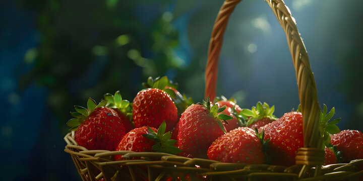 Morangos maduros suculentos em uma cesta de vime