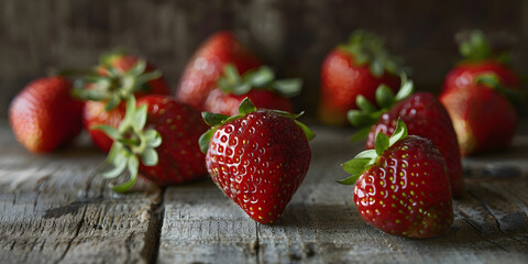 Morangos maduros suculentos em uma mesa de madeira rústica
