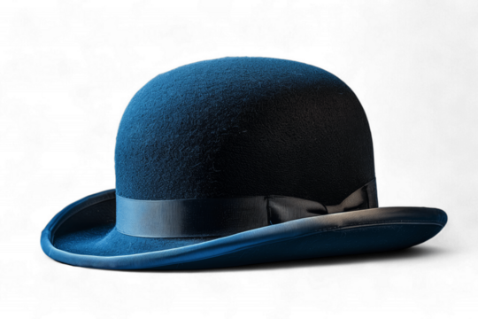 A Blue Bowler Hat With a Black Band on a White Background
