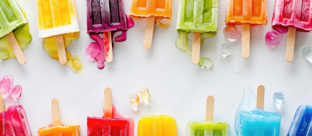 Poster top view of multi colored popsicles on a white backdrop with copy space image creating a vibrant foo