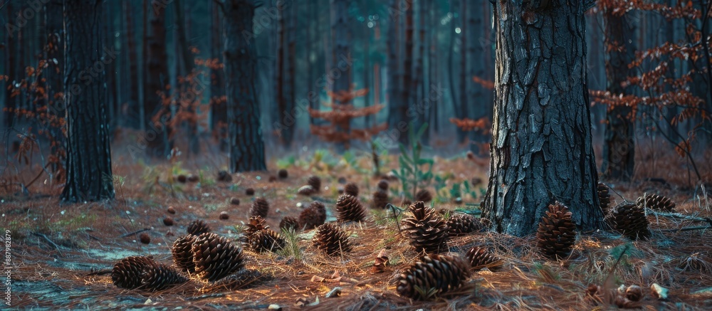Poster pine tree in a forest at dusk with cones and needles scattered beneath perfect for a copy space imag