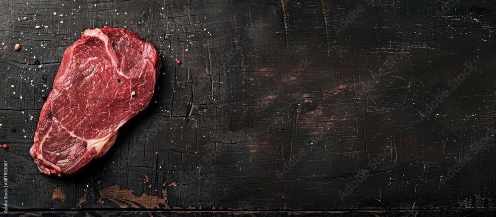 Poster a raw beef steak displayed on a black wooden table from a top view offering a clear area for text in