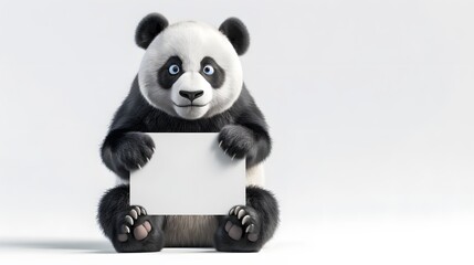 Naklejka premium Panda Holding a Blank Sign: A playful panda sitting on its haunches, holding a blank sign with both paws. 