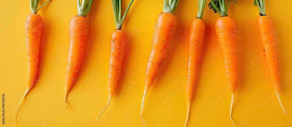 Poster flat lay composition featuring fresh ripe carrots on a yellow backdrop with copy space image