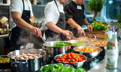 Obraz premium Group Cooking Class with Chefs Preparing Fresh Vegetable Dishes in Modern Kitchen During Daytime