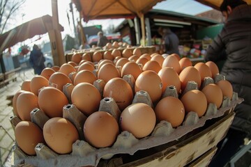 A vibrant scene at an outdoor food market featuring fresh brown eggs arrayed in cartons and baskets, inviting shoppers to explore the wide variety of local produce offered.