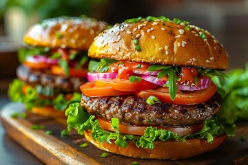 Two burgers with tomatoes and lettuce on wooden cutting board.