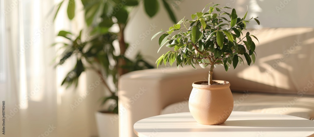 Aufkleber a brown potted ficus benjamina is placed on a white table highlighting a houseplant decor idea for a