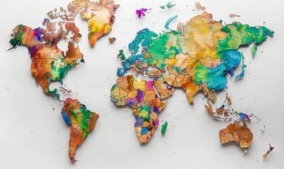 Vibrant Continent World Map on White Background with Colorful Geographic Details for Educational and Decorative Purposes