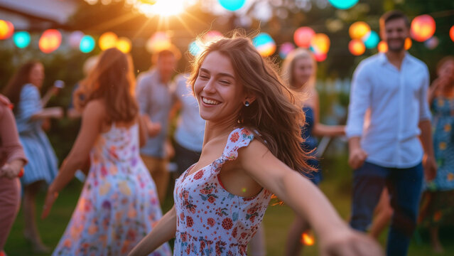 Junge Frau mit langen Haaren tanzt bei Sommerfest