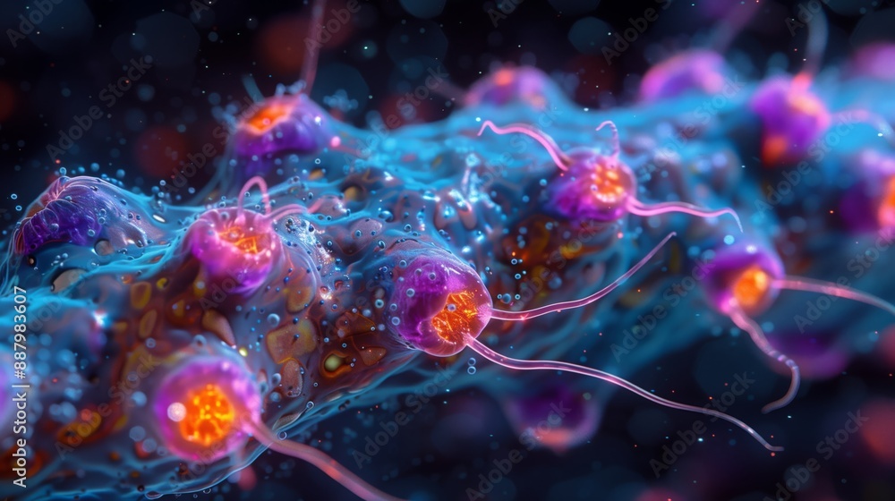 Poster microscopic view of cellular interactions, captured using advanced techniques, reveals intricate det
