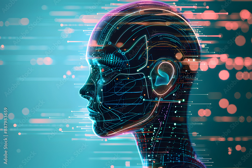 Poster side profile of a futuristic artificial intelligence computer head with glowing lines and data