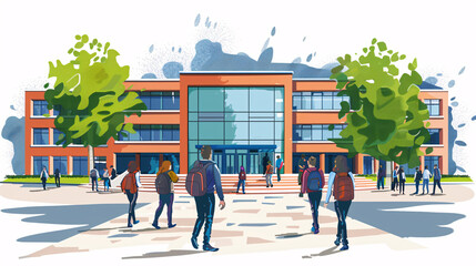 Obraz premium An illustration of a school building with students entering, depicted on a clean white background, highlighting the start of the school day