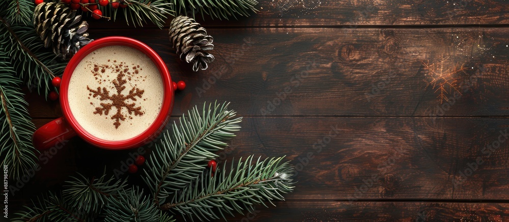 Poster top view of a holiday themed xmas card with a traditional christmas cocoa beverage in a red cup set 