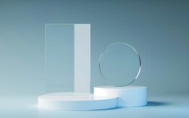 Abstract glass background with empty podiums for product presentation, white and light blue color scheme