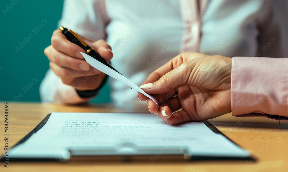 Aufkleber close-up of hands exchanging pen and document on clipboard in office setting for agreement or signin