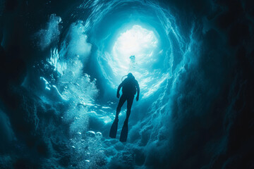 Scuba diver explores deep underwater cave illuminated by rays of sunlight showcasing beauty and mystery of ocean representing adventure and allure of underwater world