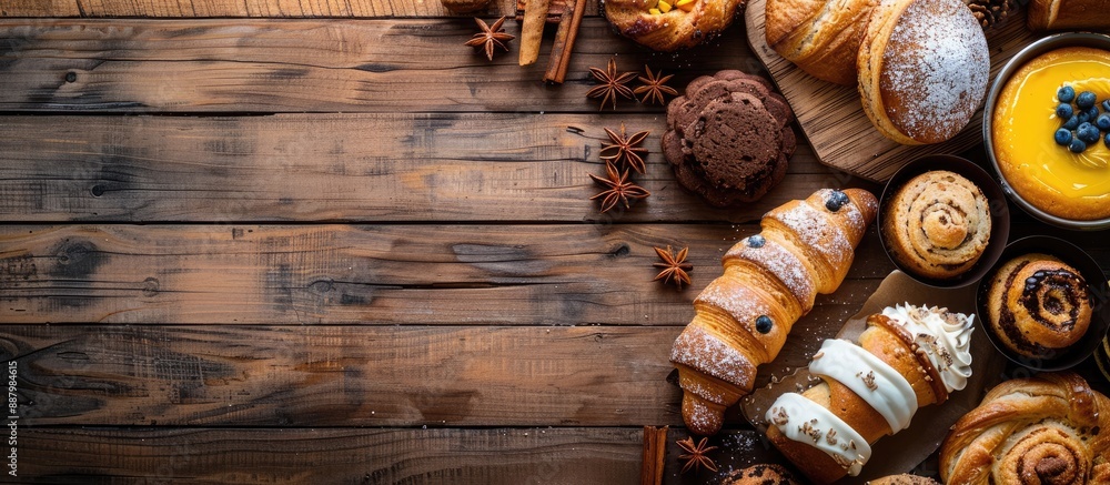 Wall mural Delicious bakery items displayed on a rustic wooden surface with copy space image