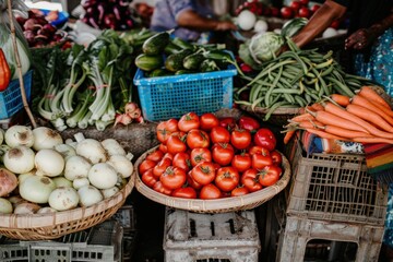 A vibrant market stall loaded with fresh tomatoes, onions, carrots, green beans, and leafy vegetables, showcasing the abundance of local produce available for sale.