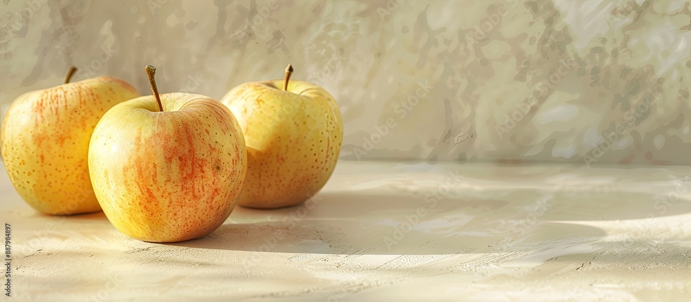 Poster close up of golden delicious apples on a light beige background with copy space image available focu