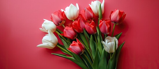 A lovely bouquet of red and white tulips placed on a vibrant paper background with copy space image suitable for gifting on occasions like birthdays weddings Mother s Day and International Women s Day