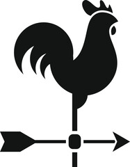 Black and white weather vane with a rooster indicating the direction of the wind
