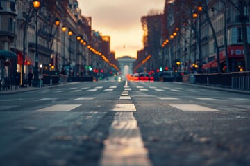 Obraz premium Sunrise Over Empty Street in French City with Pedestrian Crossing and Warm Light