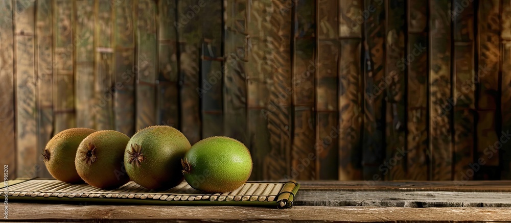 Poster kiwi fruits on bamboo tray against wooden backdrop with clear focal point and space for text ideal f