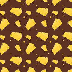 Slice cheese repeat pattern isolated on brown background.Seamless pattern with cheese.Vector graphic illustration.