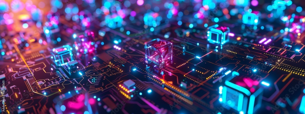 Poster abstract depiction of bitcoin blockchain technology with digital connections and futuristic lighting