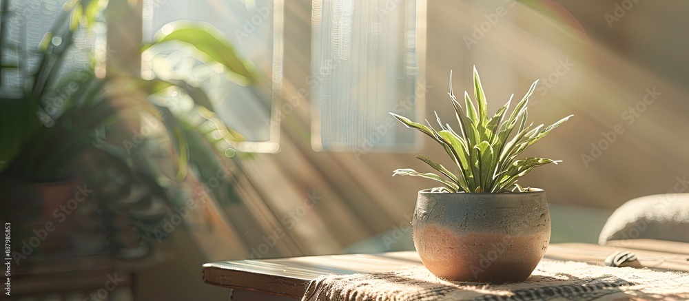 Poster a small potted artificial arpophyllum sits on a table in a room with daylight streaming in through a