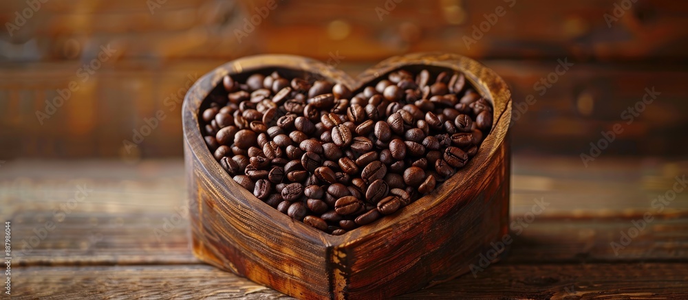 Poster a wooden container filled with roasted coffee beans displaying a heart shape includes copy space ima