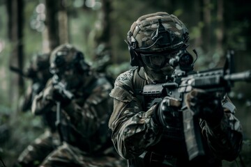 Fototapeta premium Intense Action Shot of Airsoft Game Players in Full Gear in Forest Setting