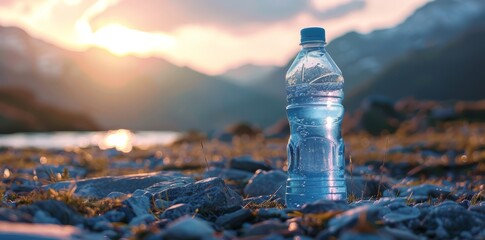 Crystal clear water in a plastic bottle against the backdrop of a mountain landscape. Perfect drinking water quality.