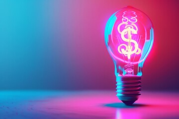 Neon-Lit Lightbulb with Dollar Sign Filament on Pastel Gradient Background