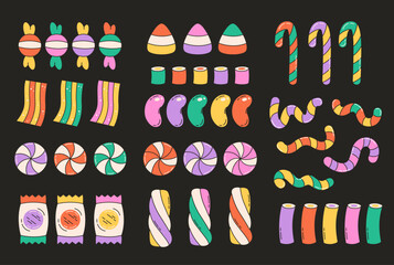 Halloween sweets and candies collection. Happy Halloween. Vector illustration in flat style