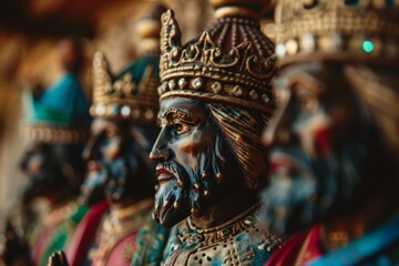Fototapeta premium Medium Close-Up of Handcrafted Three Wise Men Ceramic Statues with Intricate Details