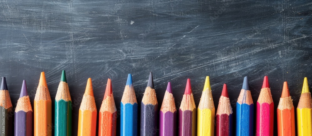 Poster education concept with colorful pencils on a wooden blackboard perfect for adding text or featuring 
