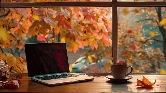 Coffee and laptop by a window with a beautiful autumn view
 Seamless looping 4k time-lapse virtual video animation Generated AI