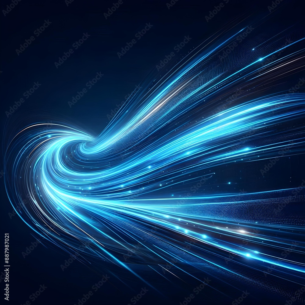 Poster dynamic blue light streaks that curve and flow across a dark background