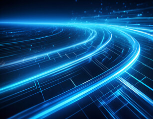 Dynamic blue light streaks that curve and flow across a dark background, giving the impression of high-speed movement