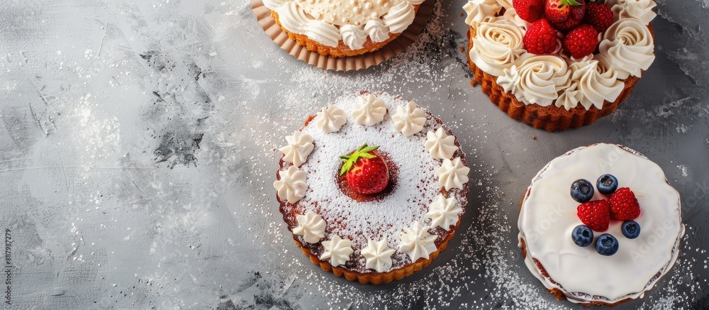 Poster three homemade hungarian cakes placed against a neutral background with ample copy space image for t
