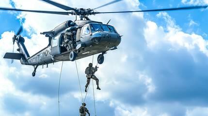 military helicopter with special forces soldiers rappelling down ropes