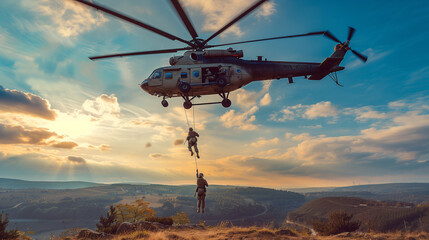 military helicopter with special forces soldiers rappelling down ropes