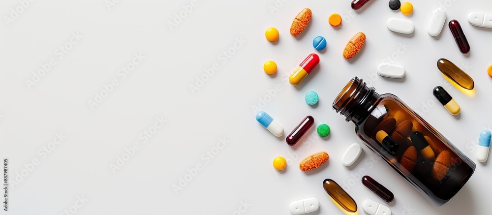 Poster assorted colorful pills displayed alongside a brown glass bottle on a white backdrop with ample copy