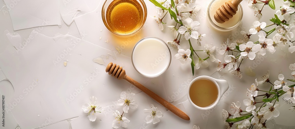 Poster table adorned with a picturesque arrangement of milk and honey creating a captivating copy space ima