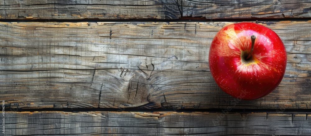 Poster Apple displayed on rustic wooden surface with ample copy space image