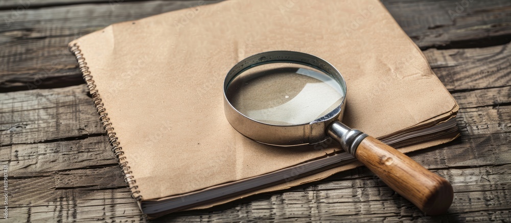 Poster blank paper notebook and magnifying glass on a wooden backdrop perfect for your message in the copy 