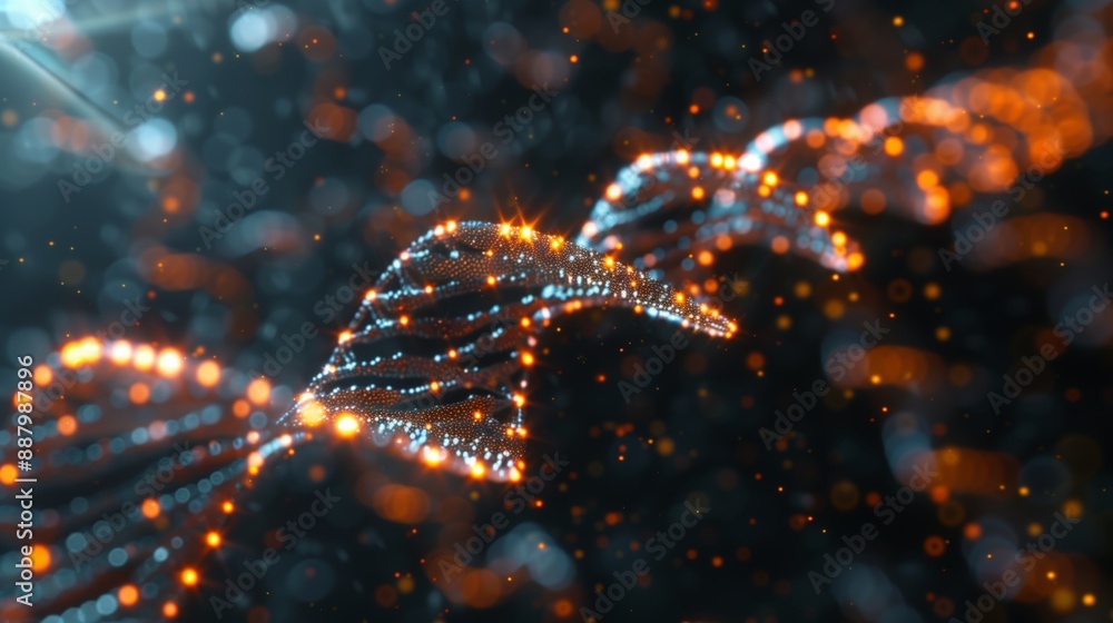 Poster a digital rendering of a dna molecule, with glowing points of light representing the complexity and 